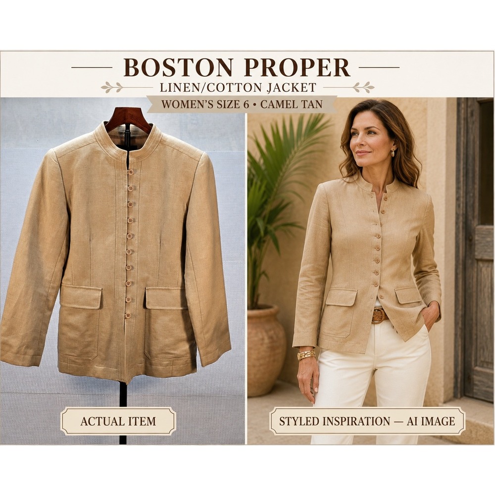 Boston Proper Linen Blend Mandarin Collar‎ Blazer Jacket Tan Womens's Sz6
